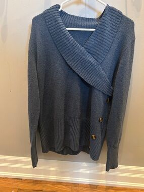 SHEIN Steel Blue Shawl-Collar V-Neck Button Sweater